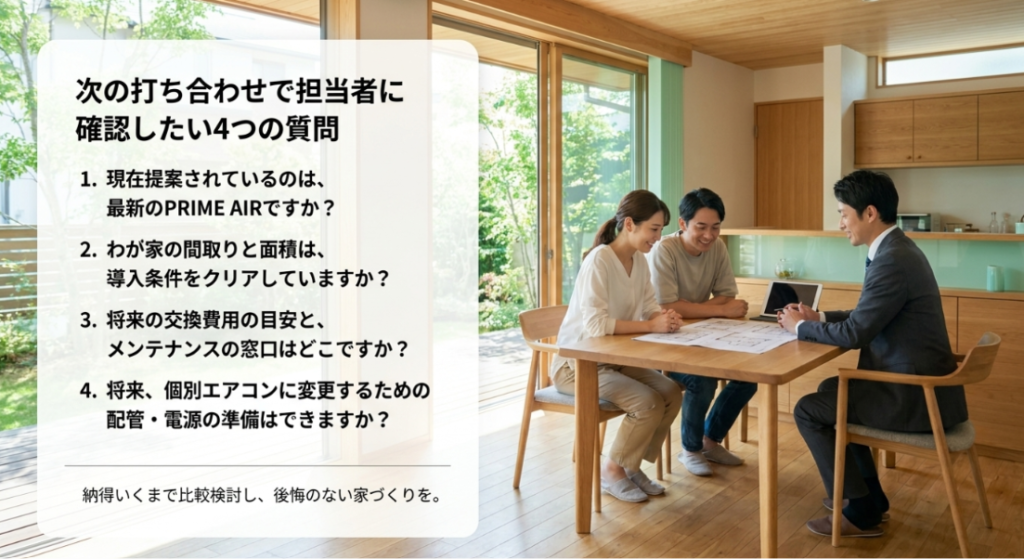 画像タイトル: 打ち合わせで担当者に確認したい4つの質問
代替テキスト: 提案されている設備、間取りと面積の導入条件、将来の交換費用、個別エアコンへの変更準備を担当者に確認するためのスライド