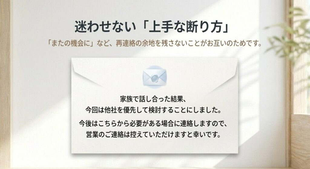 画像タイトル: 迷わせない上手な断り方の例文
代替テキスト: 他社を優先して検討するため今後の営業連絡を控えてほしいと伝える断り方のメール例文