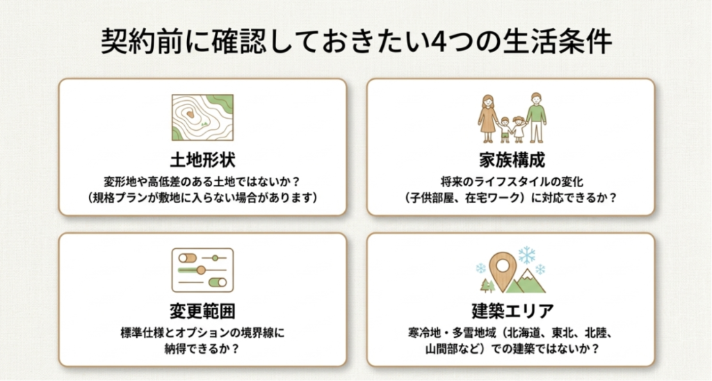 画像タイトル: 契約前に確認しておきたい4つの生活条件
代替テキスト: 土地形状、家族構成、変更範囲、建築エリアの4つを契約前に確認すべき生活条件として整理したスライド