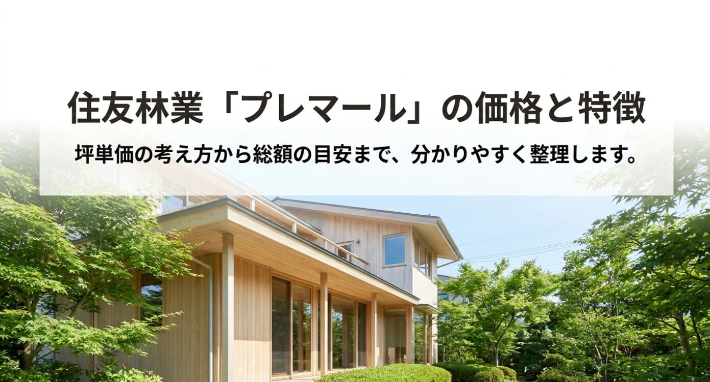 木質感のある住宅外観と緑の庭を背景に、「住友林業『プレマール』の価格と特徴」「坪単価の考え方から総額の目安まで、分かりやすく整理します。」というキャッチコピーを配置した導入スライド。住友林業プレマールの坪単価だけでなく、総額や特徴を比較して判断する記事内容を示している。