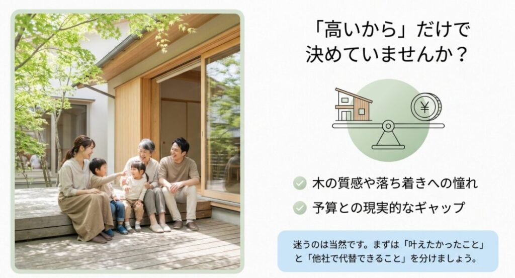 画像タイトル: 高いからだけで決めない家づくりの比較視点
代替テキスト: 家族がウッドデッキで過ごす写真とともに、価格だけで判断せず木の質感や予算とのバランスを考える視点を示したスライド