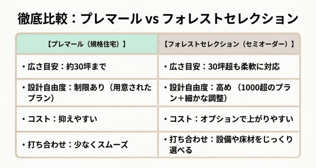 画像タイトル: プレマールとフォレストセレクションの違い比較
代替テキスト: プレマールとフォレストセレクションについて、広さ目安、設計自由度、コスト、打ち合わせの違いを比較したスライド