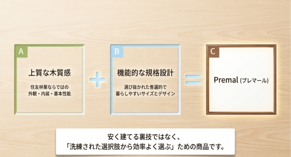 画像タイトル: プレマールは上質な木質感と機能的な規格設計を組み合わせた住まい
代替テキスト: 上質な木質感と機能的な規格設計を組み合わせることで、プレマールの特徴を分かりやすく整理したスライド
