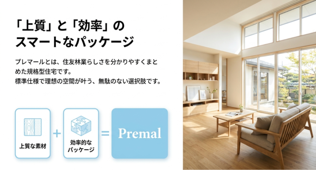 画像タイトル: プレマールは上質と効率を組み合わせた規格型住宅
代替テキスト: 上質な素材と効率的なパッケージを組み合わせた規格型住宅としてプレマールの特徴を説明するスライド