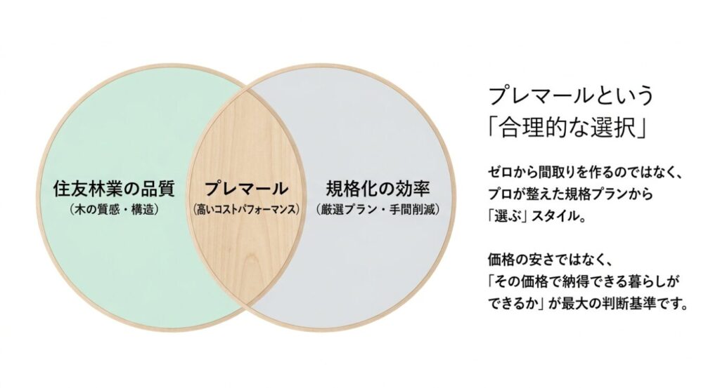 画像タイトル: プレマールを合理的な選択として考えるポイント
代替テキスト: 住友林業の品質と規格化の効率を組み合わせたプレマールを、価格の安さではなく納得できる暮らしで判断する考え方を示すスライド