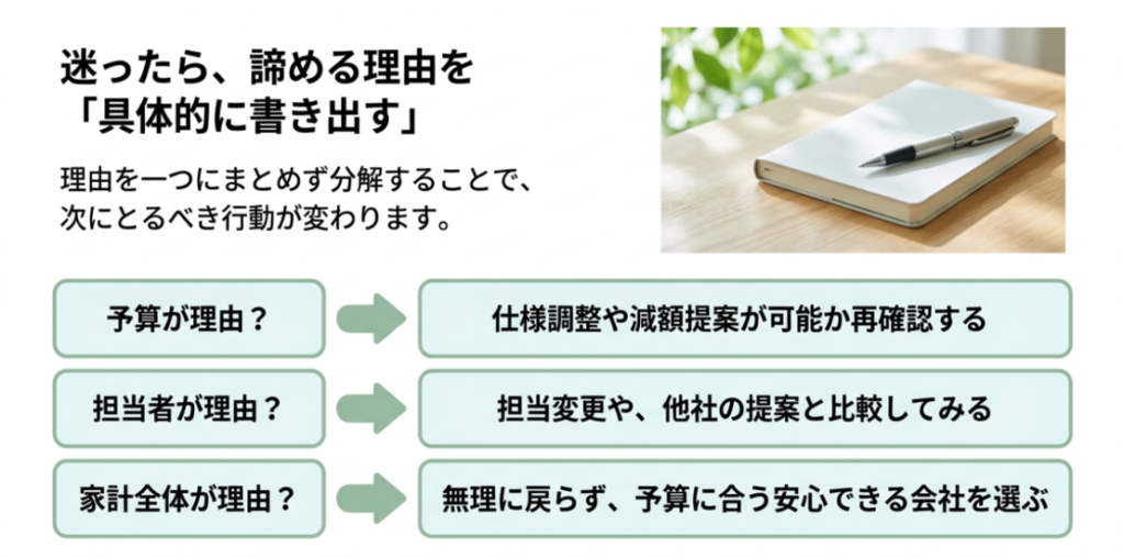 画像タイトル: 住友林業を諦める理由を書き出して次の行動を決める
代替テキスト: 予算、担当者、家計全体という理由を分け、それぞれ仕様調整、担当変更、予算に合う会社選びへつなげる流れを示したスライド