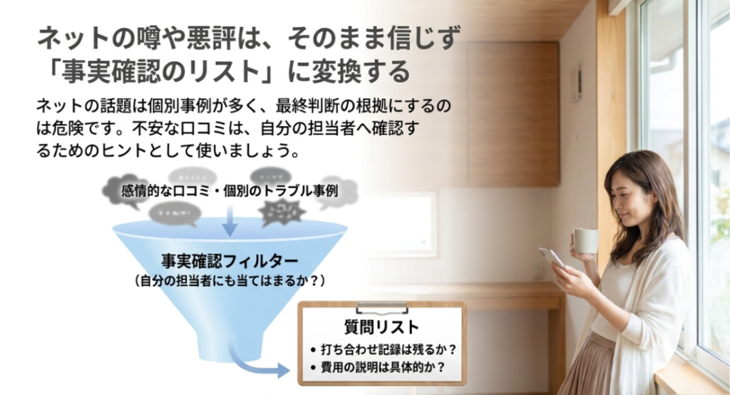 画像タイトル: ネットの噂や悪評を事実確認リストに変換する
代替テキスト: ネット上の口コミや不安な情報を、打ち合わせ記録や費用説明などの質問リストに変換して確認する流れを示したスライド