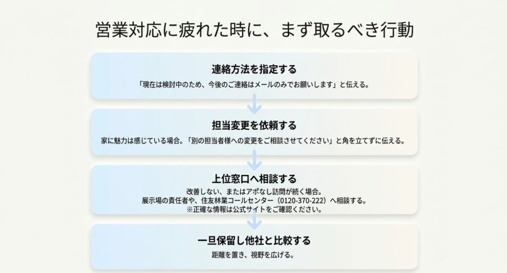 画像タイトル: 営業対応に疲れた時にまず取るべき行動
代替テキスト: 営業対応に疲れた時に連絡方法の指定、担当変更、上位窓口への相談、他社比較へ進む流れを示したスライド