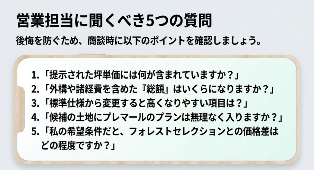 画像タイトル: 営業担当に聞くべき5つの質問
代替テキスト: 坪単価に含まれる費用、総額、標準仕様からの変更費用、土地への適合、フォレストセレクションとの価格差を営業担当に確認するためのスライド