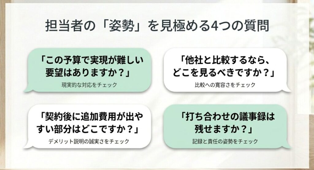 画像タイトル: 営業担当の姿勢を見極める4つの質問
代替テキスト: 予算、他社比較、追加費用、打ち合わせ記録について営業担当に確認すべき4つの質問を示したスライド