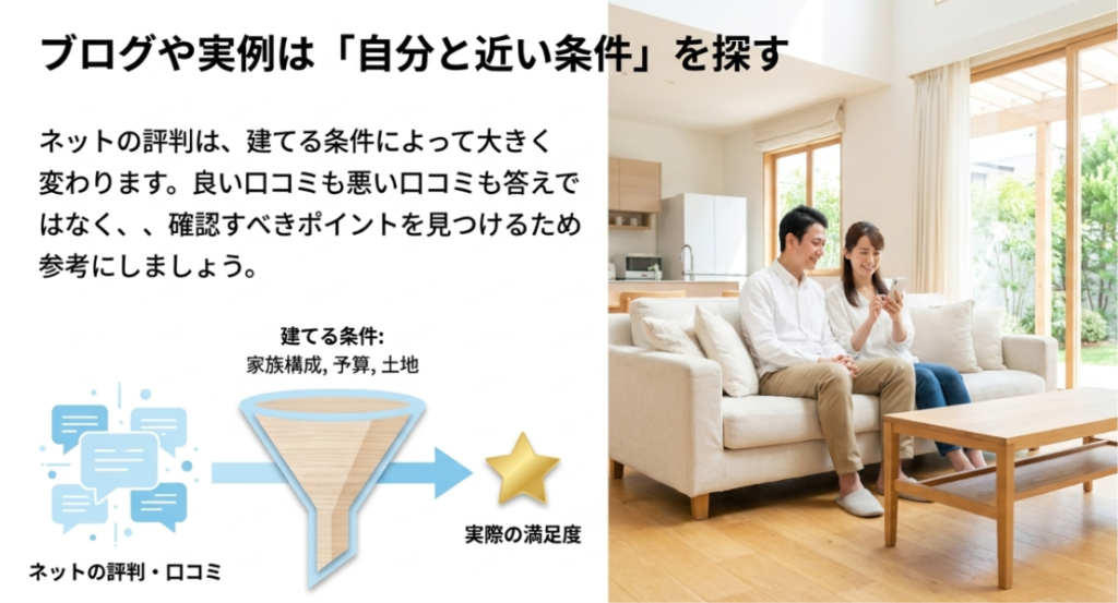 画像タイトル: ブログや実例は自分と近い条件を探す
代替テキスト: ネットの評判や口コミをそのまま答えにせず、家族構成や予算、土地など自分に近い条件を探す重要性を示したスライド