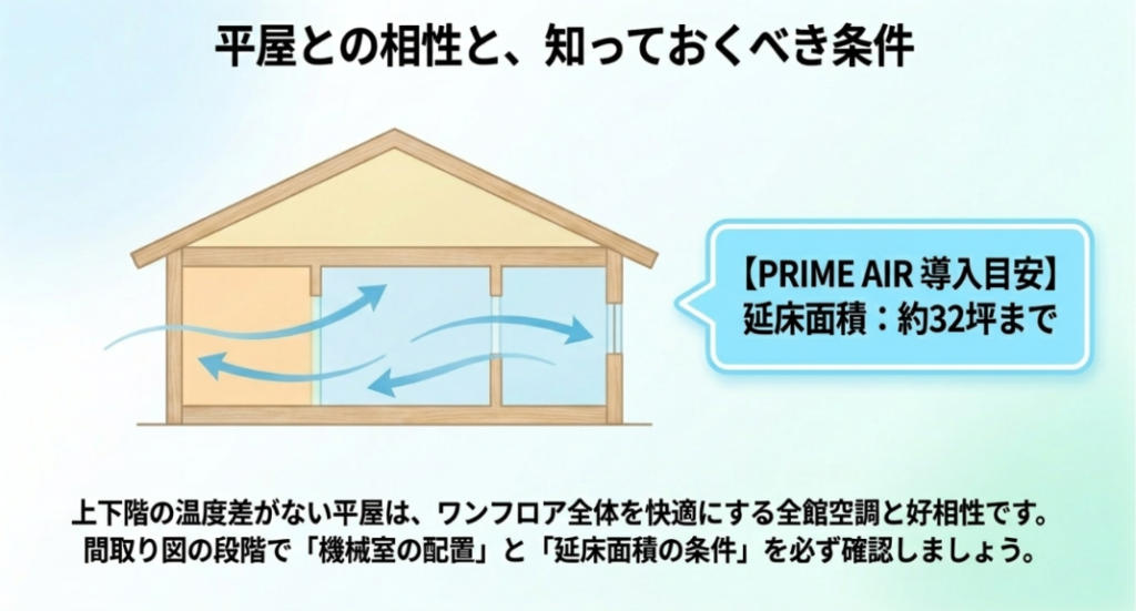 画像タイトル: 平屋と全館空調の相性と導入条件
代替テキスト: 平屋の空気の流れと、全館空調を検討する際に延床面積や機械室の配置を確認すべきことを示したスライド