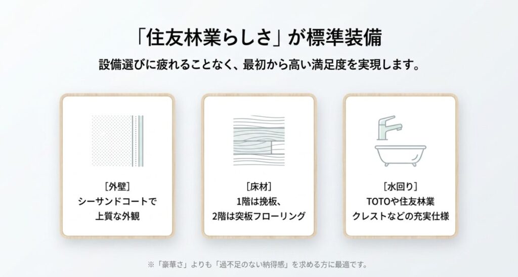 画像タイトル: プレマールの標準仕様で確認したい外壁・床材・水回り
代替テキスト: プレマールの標準仕様として外壁のシーサンドコート、床材、水回り設備などを確認するポイントをまとめたスライド