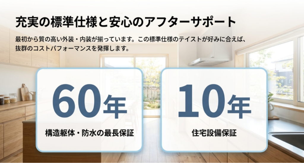 画像タイトル: 充実した標準仕様と安心のアフターサポート
代替テキスト: 標準仕様の質感と構造躯体・防水の最長保証、住宅設備保証などのアフターサポートを示したスライド