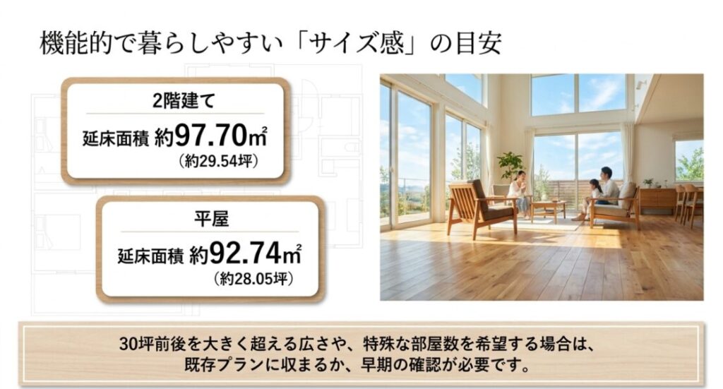 画像タイトル: プレマールの2階建てと平屋のサイズ感
代替テキスト: 2階建ては延床面積約97.70㎡、平屋は約92.74㎡を目安に、30坪前後の広さで検討する必要があることを示したスライド