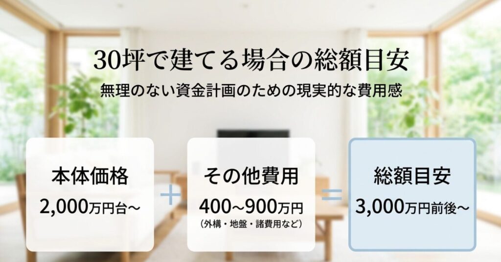 画像タイトル: 30坪で建てる場合の総額目安
代替テキスト: 30坪で建てる場合に本体価格2,000万円台からその他費用400万円から900万円が加わり、総額3,000万円前後からになる目安を示すスライド