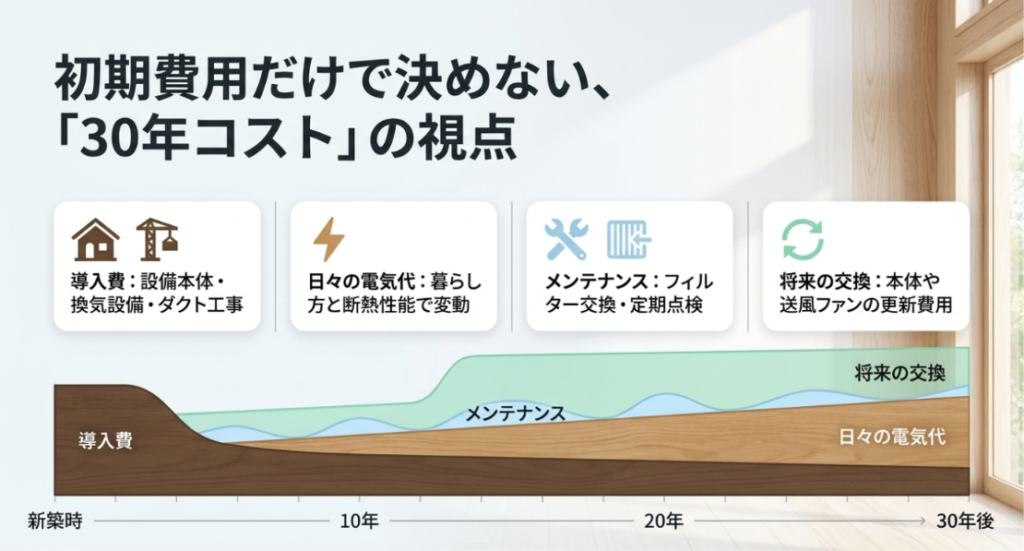 画像タイトル: 全館空調は30年コストで考える
代替テキスト: 導入費、日々の電気代、メンテナンス、将来交換費を30年単位で確認する必要性を示したスライド