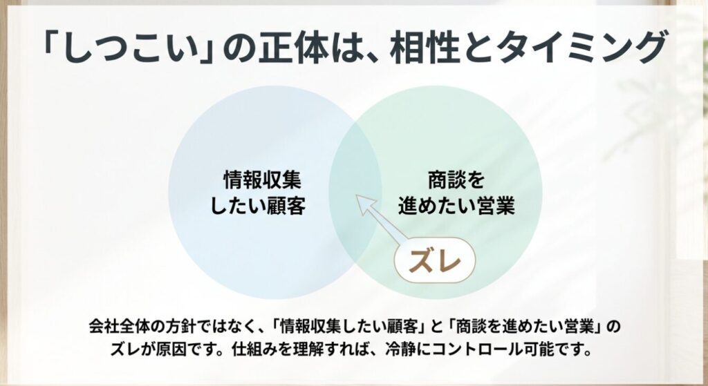 画像タイトル: 営業がしつこいと感じる正体は相性とタイミング
代替テキスト: 情報収集したい顧客と商談を進めたい営業のズレが営業をしつこいと感じる原因になることを示した図