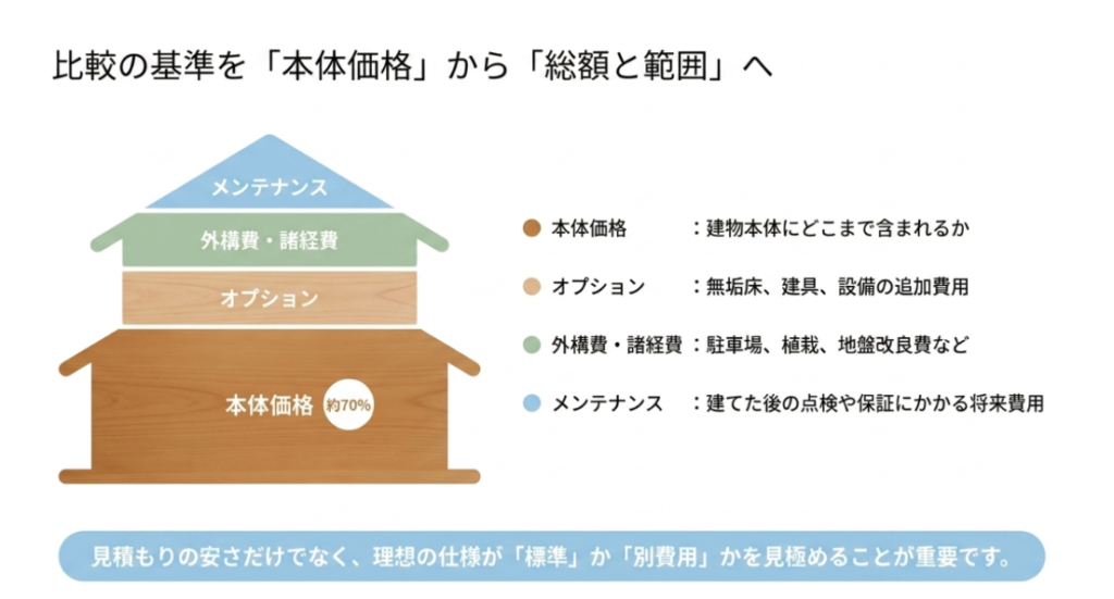 画像タイトル: 本体価格から総額まで見落とさない費用比較
代替テキスト: 本体価格、オプション、外構・諸費用、メンテナンスを家の層で示し、見積もりは総額と範囲で比べる重要性を説明したスライド