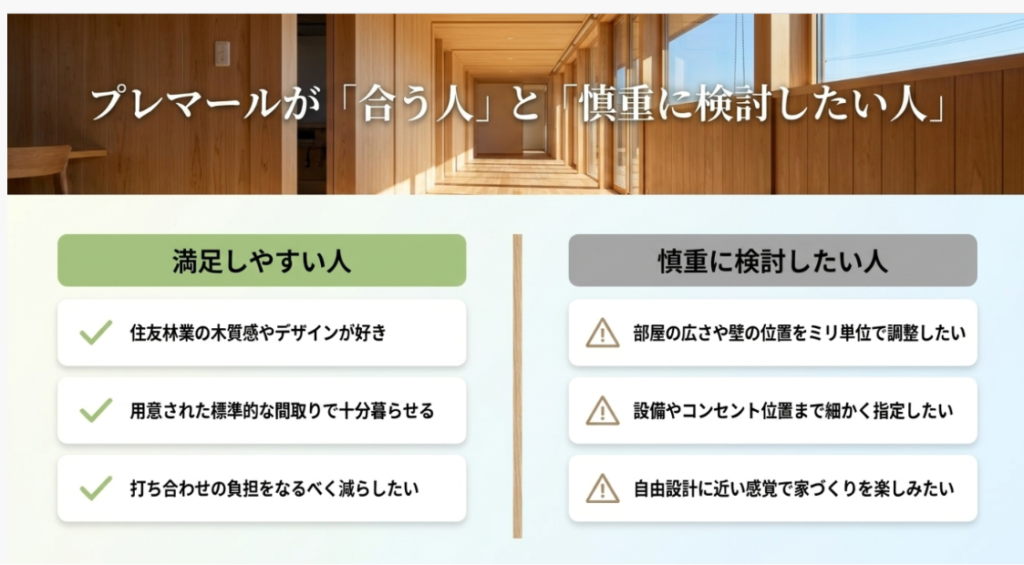 画像タイトル: プレマールが合う人と慎重に検討したい人
代替テキスト: プレマールに満足しやすい人と慎重に検討したい人の違いを、間取りや仕様へのこだわりから整理したスライド