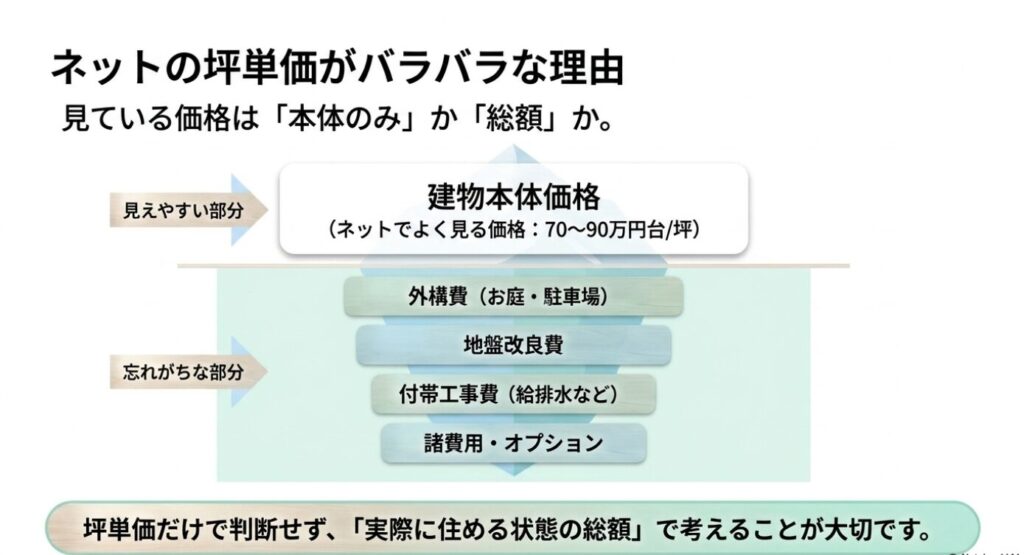 画像タイトル: ネットの坪単価がバラバラに見える理由
代替テキスト: 建物本体価格だけでなく外構費や地盤改良費、付帯工事費、諸費用やオプションを含めて総額を見る必要があることを示すスライド