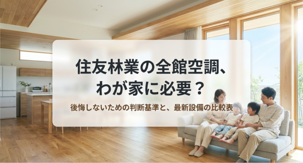 画像タイトル: 住友林業の全館空調はわが家に必要か判断する
代替テキスト: 明るい木質感のあるリビングで家族がくつろぎ、住友林業の全館空調がわが家に必要かを考える導入スライド