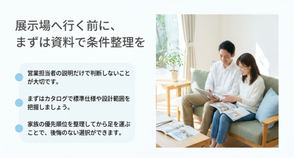 夫婦が住宅カタログを確認しながら、標準仕様や設計範囲、家族の優先順位を整理している様子