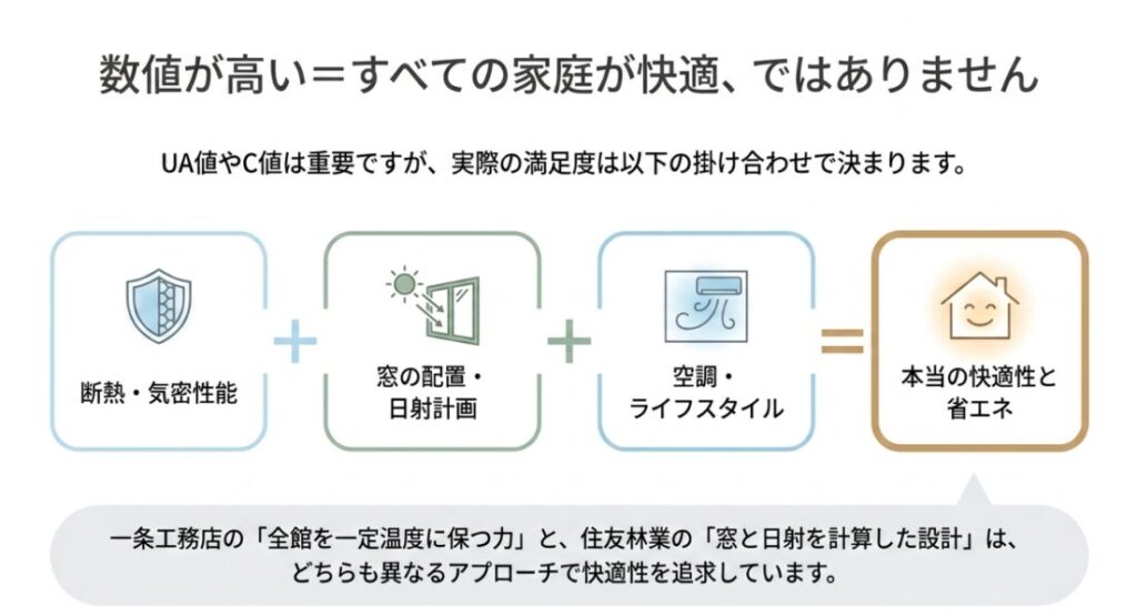 断熱・気密性能、窓の配置と日射計画、空調とライフスタイルの組み合わせが快適性と省エネにつながることを示した図