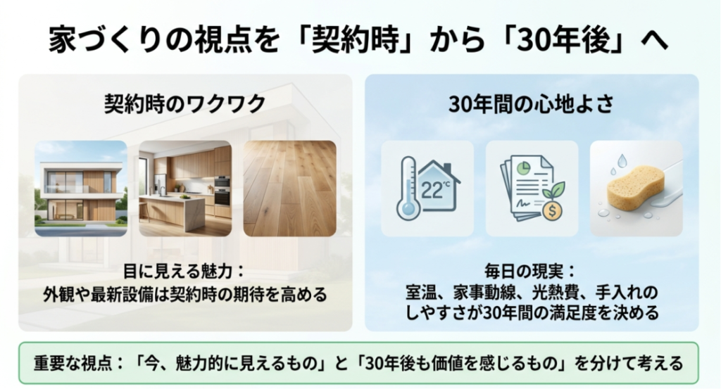 外観や設備など契約時に感じる魅力と、室温・家事動線・光熱費・手入れやすさが左右する30年間の心地よさを比較した図