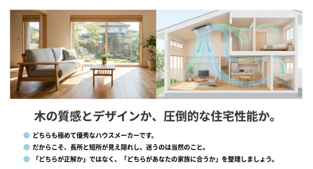 木質感のあるリビングと住宅内の空気循環図を並べ、デザインと住宅性能のどちらが家族に合うかを示した比較画像