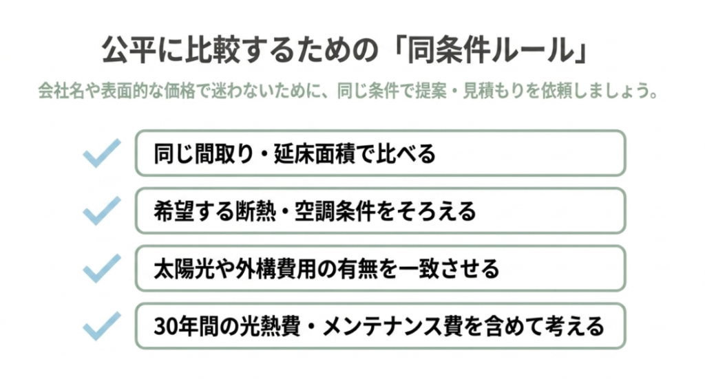 間取りと延床面積、断熱と空調、太陽光と外構、30年間の光熱費と維持費をそろえて比較する方法を示したチェックリスト