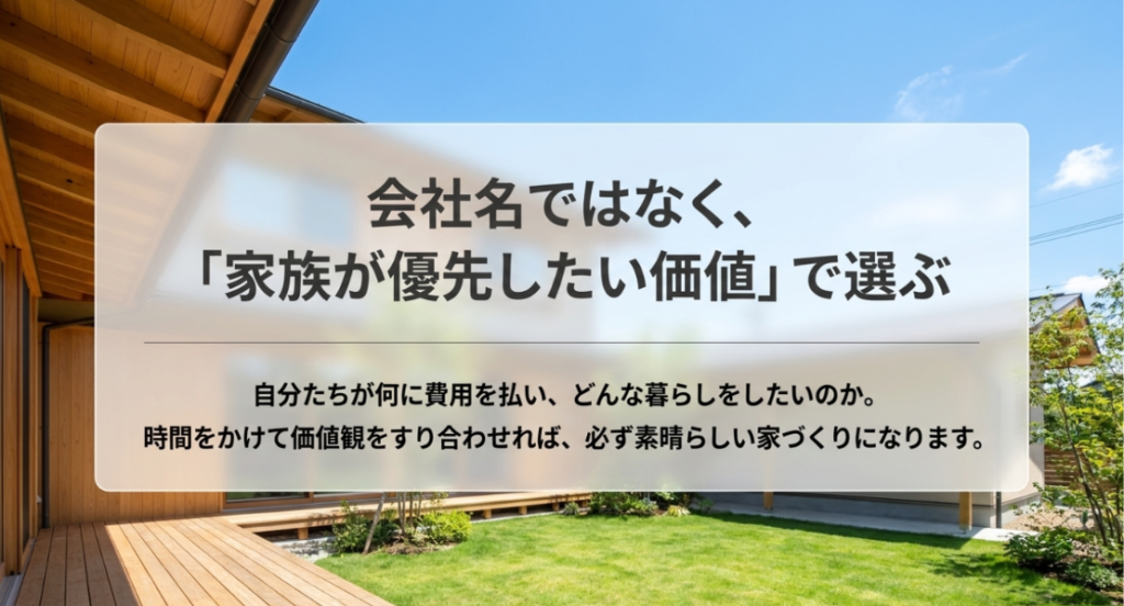 木造住宅と庭を背景に、会社名ではなく家族が何に費用を払い、どのような暮らしをしたいかで選ぶ考え方を示した画像