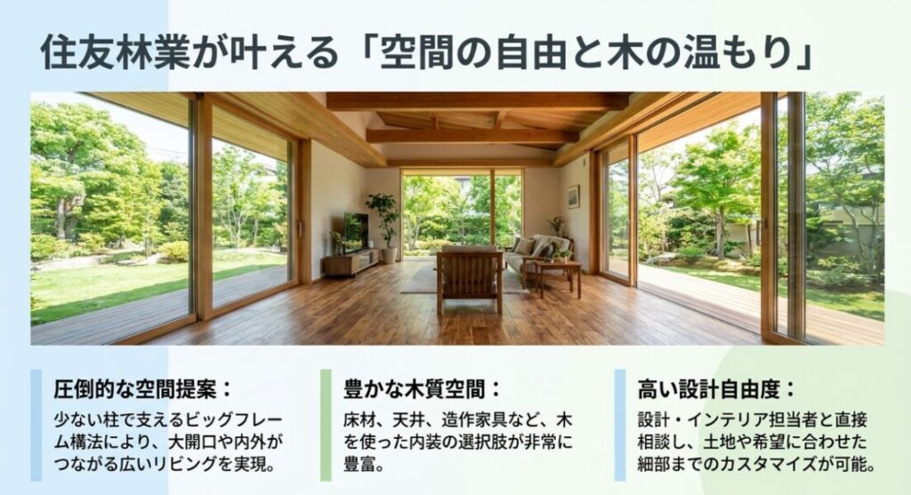 庭につながる大開口の木質リビングを背景に、住友林業の空間提案、木を使った内装、設計自由度を解説した図