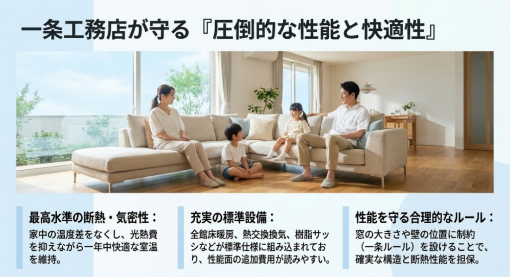家族が過ごす明るいリビングを背景に、一条工務店の断熱・気密性能、標準設備、設計ルールを解説した図