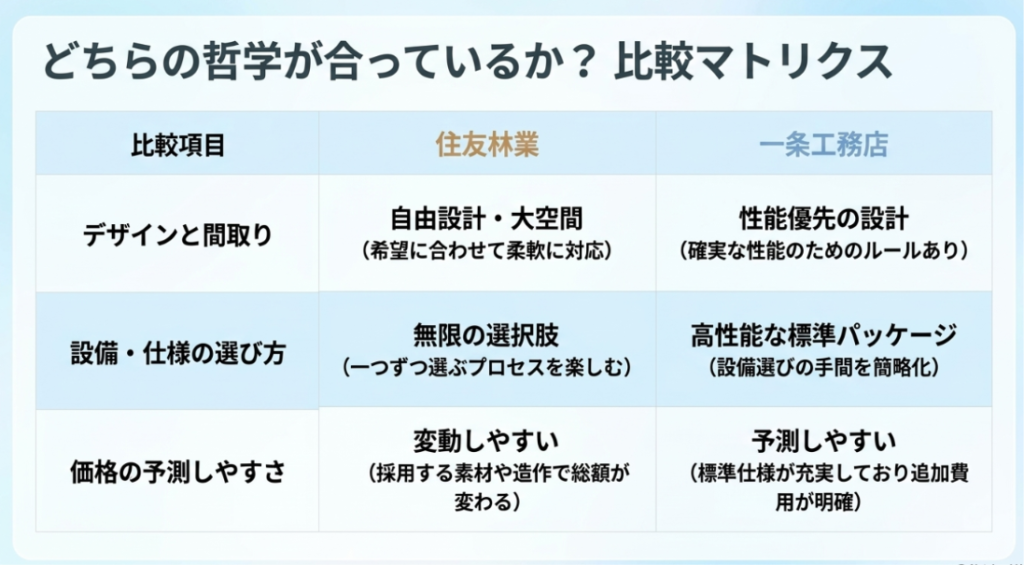 住友林業と一条工務店について、デザインと間取り、設備の選び方、価格の予測しやすさを比較した一覧表