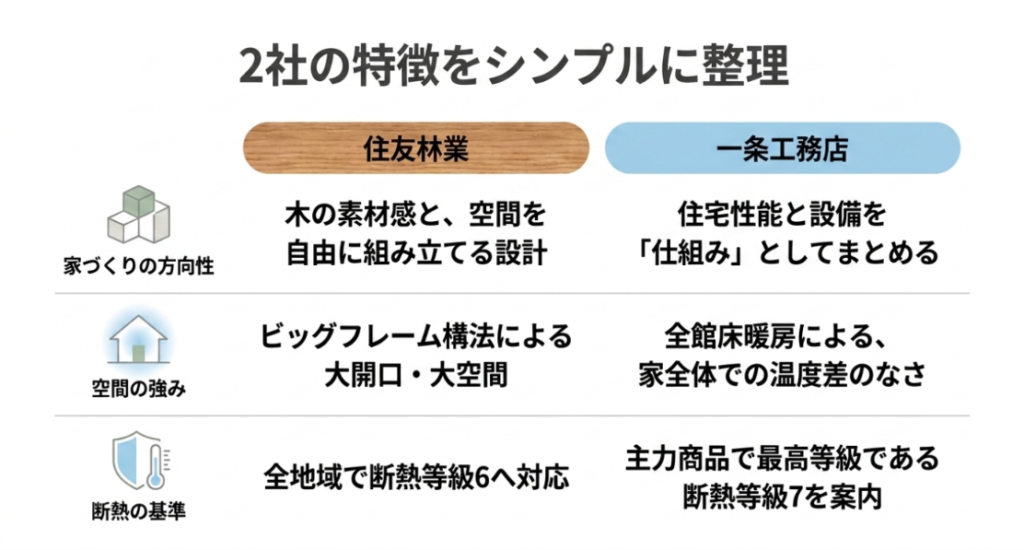 住友林業と一条工務店について、家づくりの方向性、空間の強み、断熱等級の違いを整理した比較表