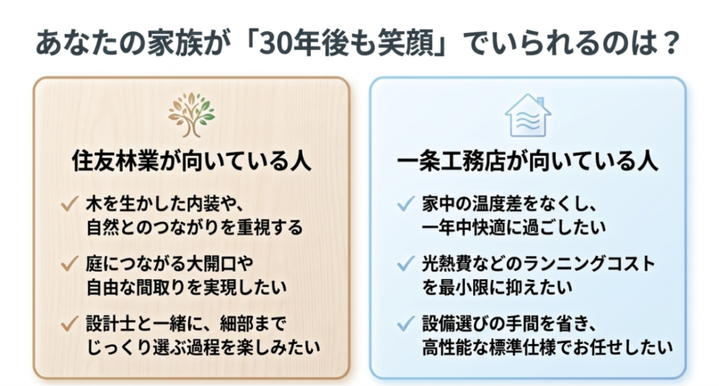 木質内装や自由な間取りを重視する人と、室温の安定やランニングコスト、高性能な標準仕様を重視する人を比較した図