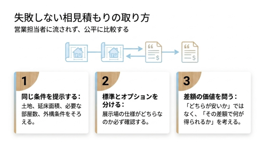 土地や延床面積など同じ条件を提示し、標準仕様とオプションを分け、価格差で得られる価値を確認する相見積もりの3手順