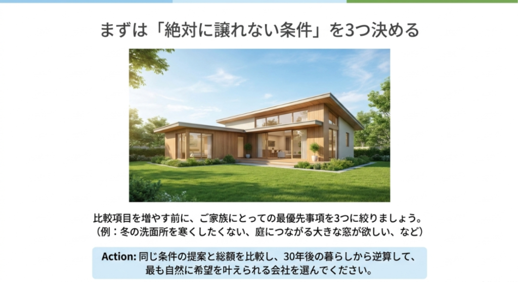 木質住宅の外観とともに、家族の最優先条件を3つに絞り、同じ条件の提案と総額を比較する選び方を示した図