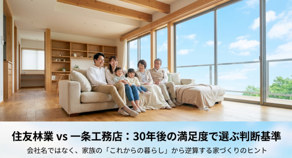 明るい木質リビングで三世代の家族が並び、住友林業と一条工務店を30年後の満足度から比較する判断基準を示した表紙