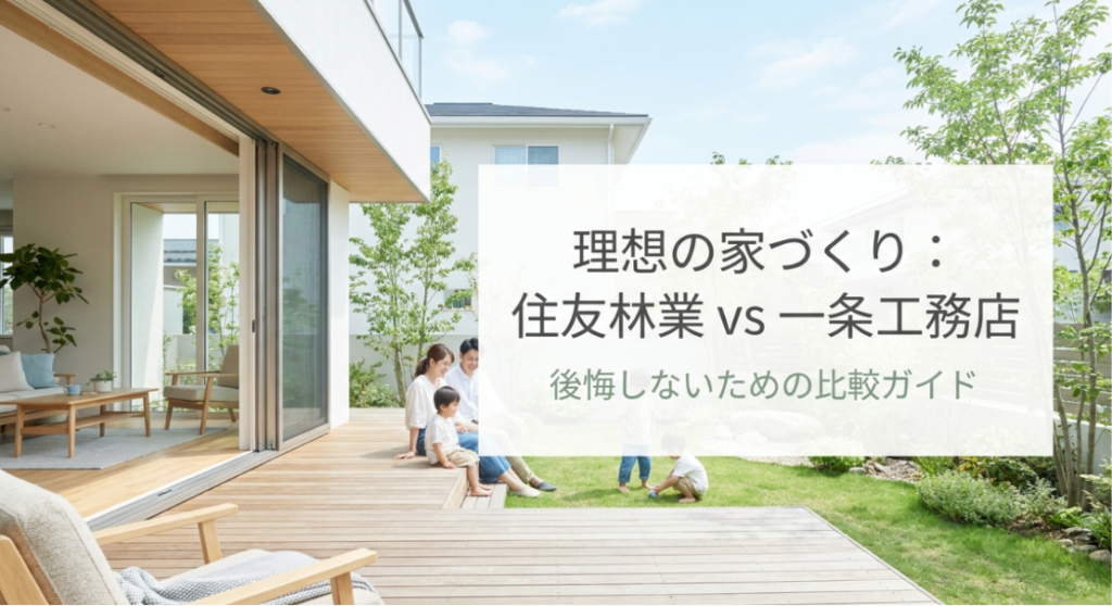 庭とウッドデッキのある住宅を背景に、住友林業と一条工務店を比較して理想の家づくりを考える資料の表紙