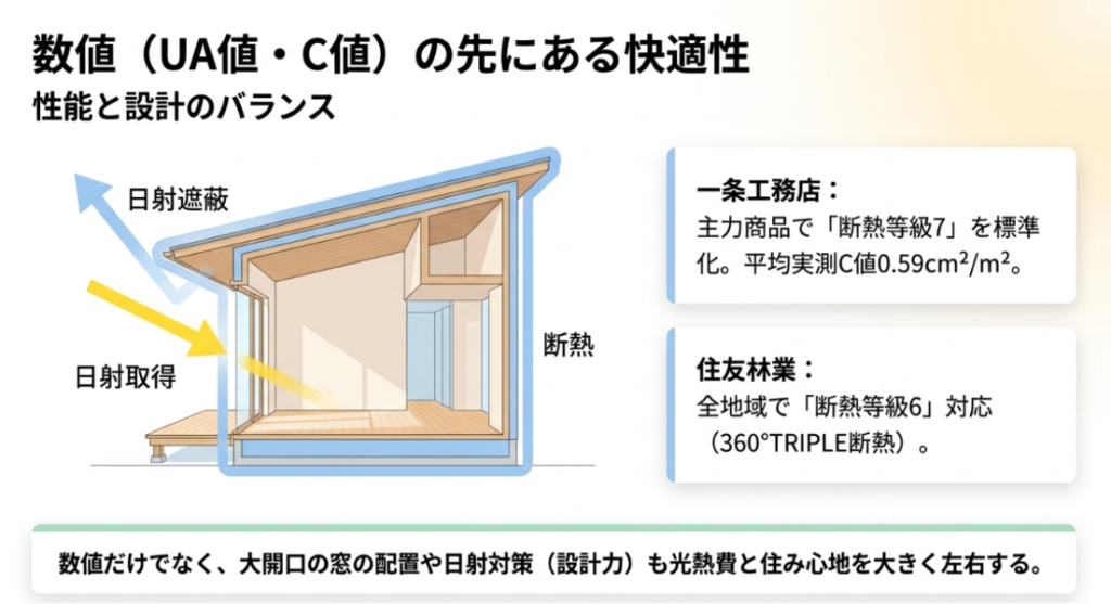 住友林業の断熱等級6と一条工務店の断熱等級7・平均実測C値0.59を示し、断熱性能に加えて窓配置や日射対策が快適性を左右することを解説した図