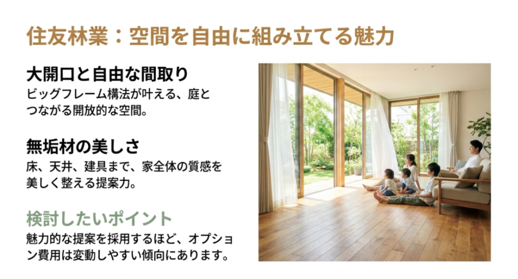 庭につながる大開口と無垢材の床を採用したリビングで、住友林業の自由な間取りと木質空間の魅力を示した画像