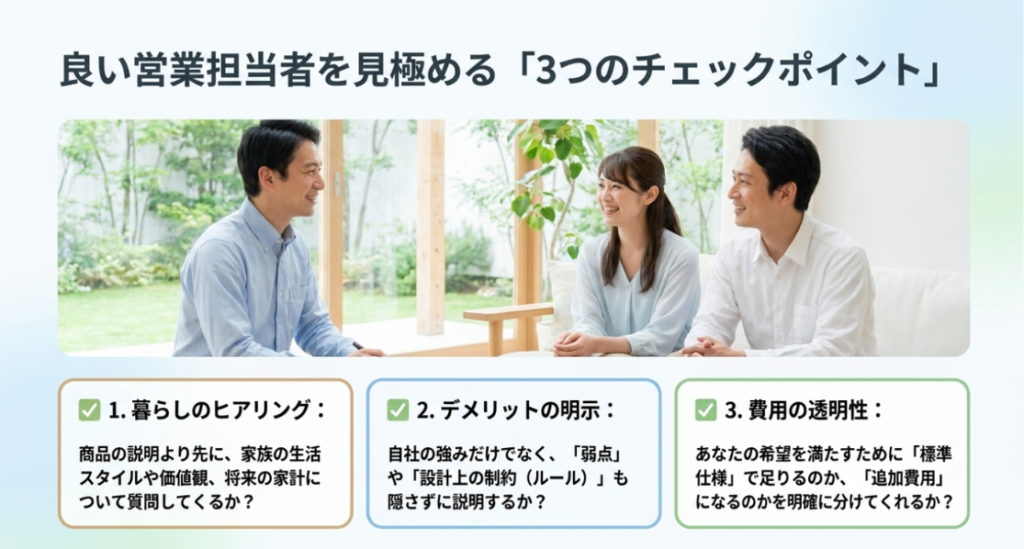 営業担当者と夫婦が相談する場面とともに、暮らしのヒアリング、デメリットの説明、費用の透明性を確認する方法を示した図