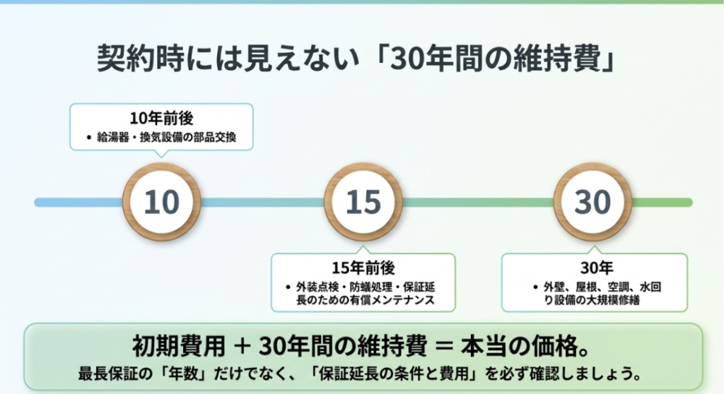 10年前後の設備交換、15年前後の外装点検や防蟻処理、30年後の大規模修繕を時系列で示した住宅維持費の図