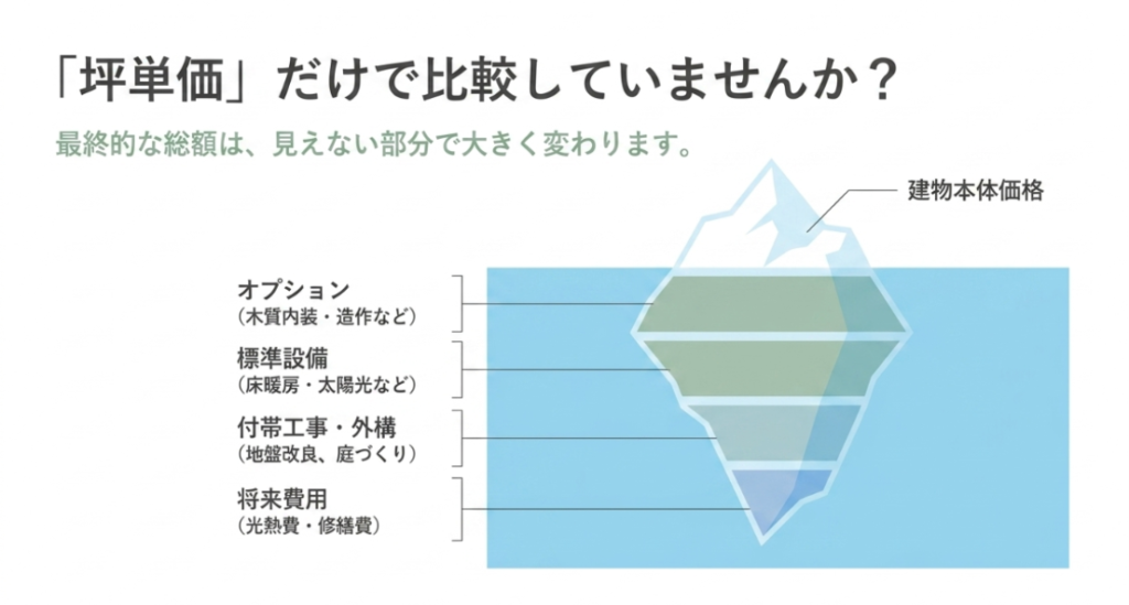 建物本体価格の下に、オプション、標準設備、付帯工事、外構、光熱費、修繕費が隠れていることを氷山で表した図