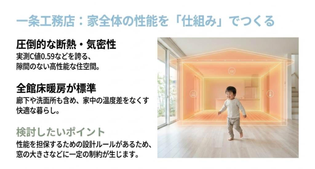 暖かい室内を走る子どもと住宅の断熱イメージを用いて、一条工務店の気密性能、全館床暖房、設計ルールを解説した画像